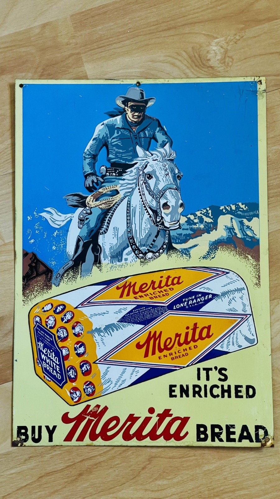 Vintage Merita Bread Lone Ranger Metal Sign Embossed 10x14 