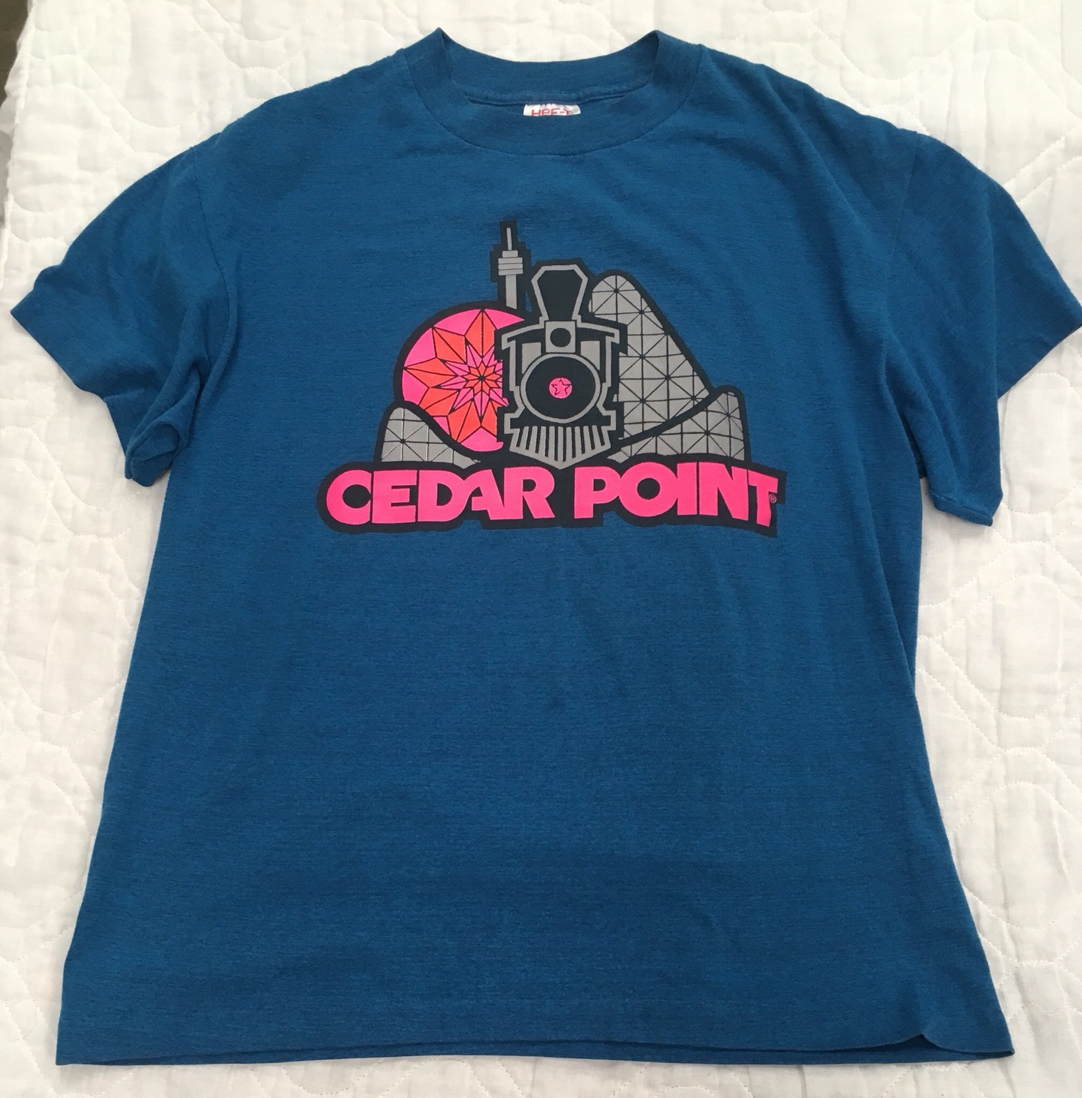 Vintage Cedar Point Rollercoaster Amusement Park Blue Two Sided Logo T-Shirt L 