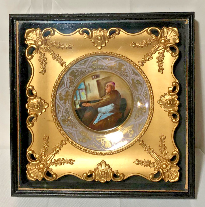 Antique 19th Century HP Plate/Original Shadow Box Gold Gilt Frame/Monk Smoking