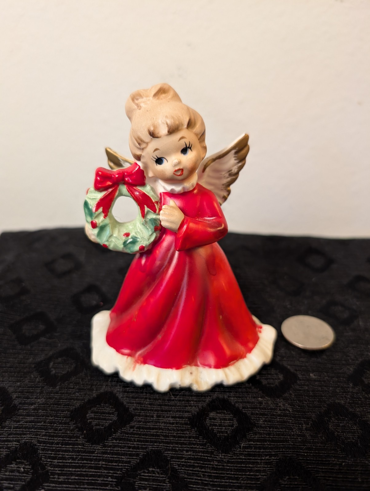 Vintage Napcoware Christmas Angel Figurine X-6964 Red Dress w/ Wreath MCM Japan