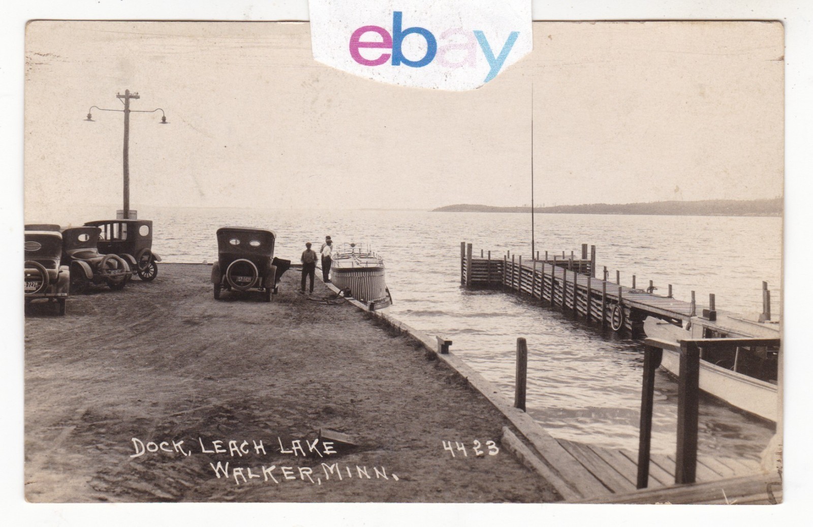 c1920 RPPC WALKER MINNESOTA DOCK LEACH LAKE CARS EARLY BOAT VINTAGE POSTCARD MN