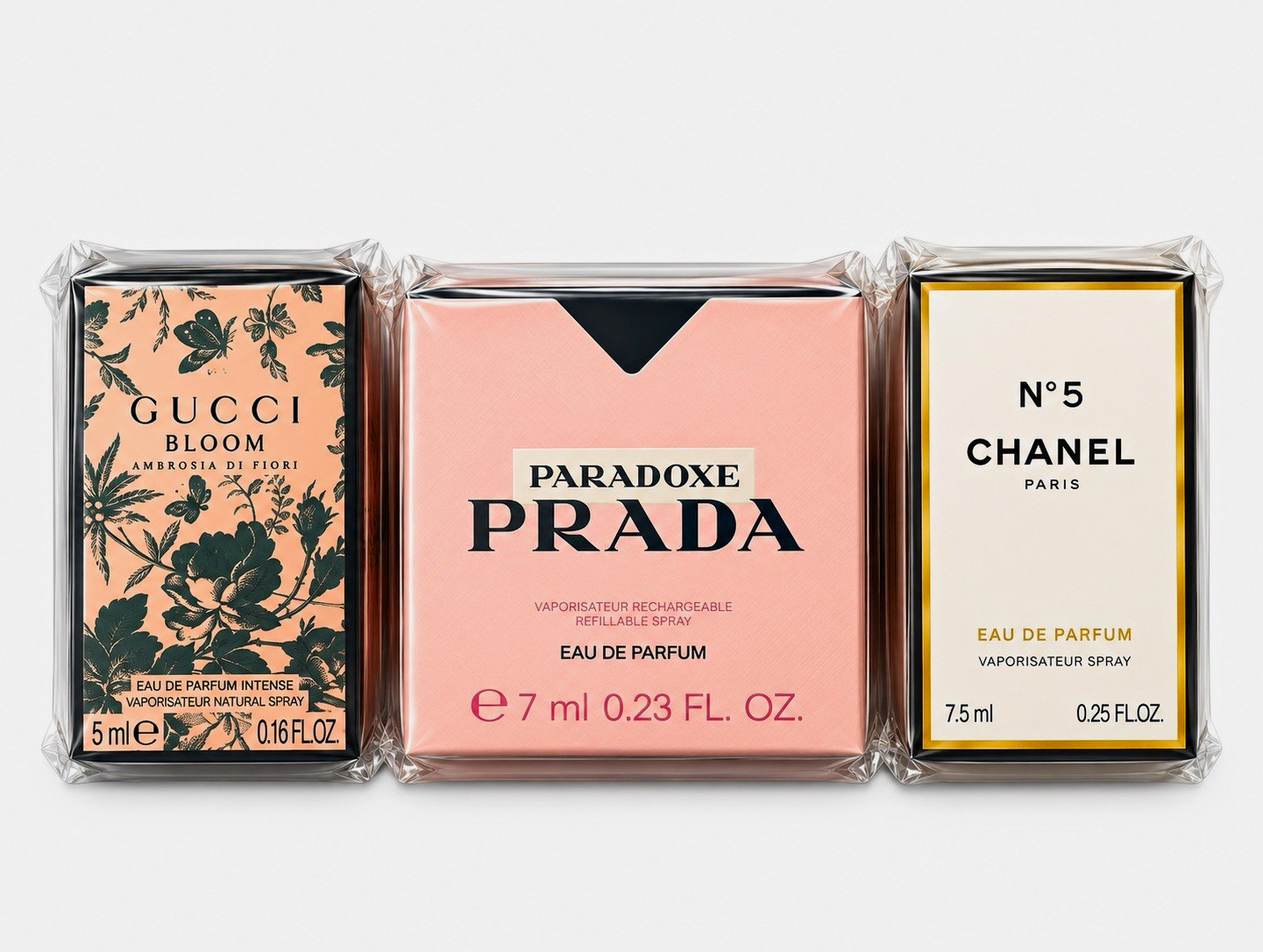 Gucci Bloom Ambrosia 5ml + Prada Paradoxe 7ml + CHANEL No. 5 7.5ml