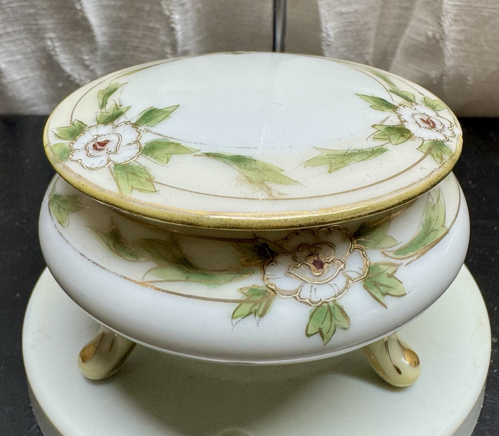 Vintage Hand painted Nippon Footed Porcelain Trinket Box, Marked, Floral Motif
