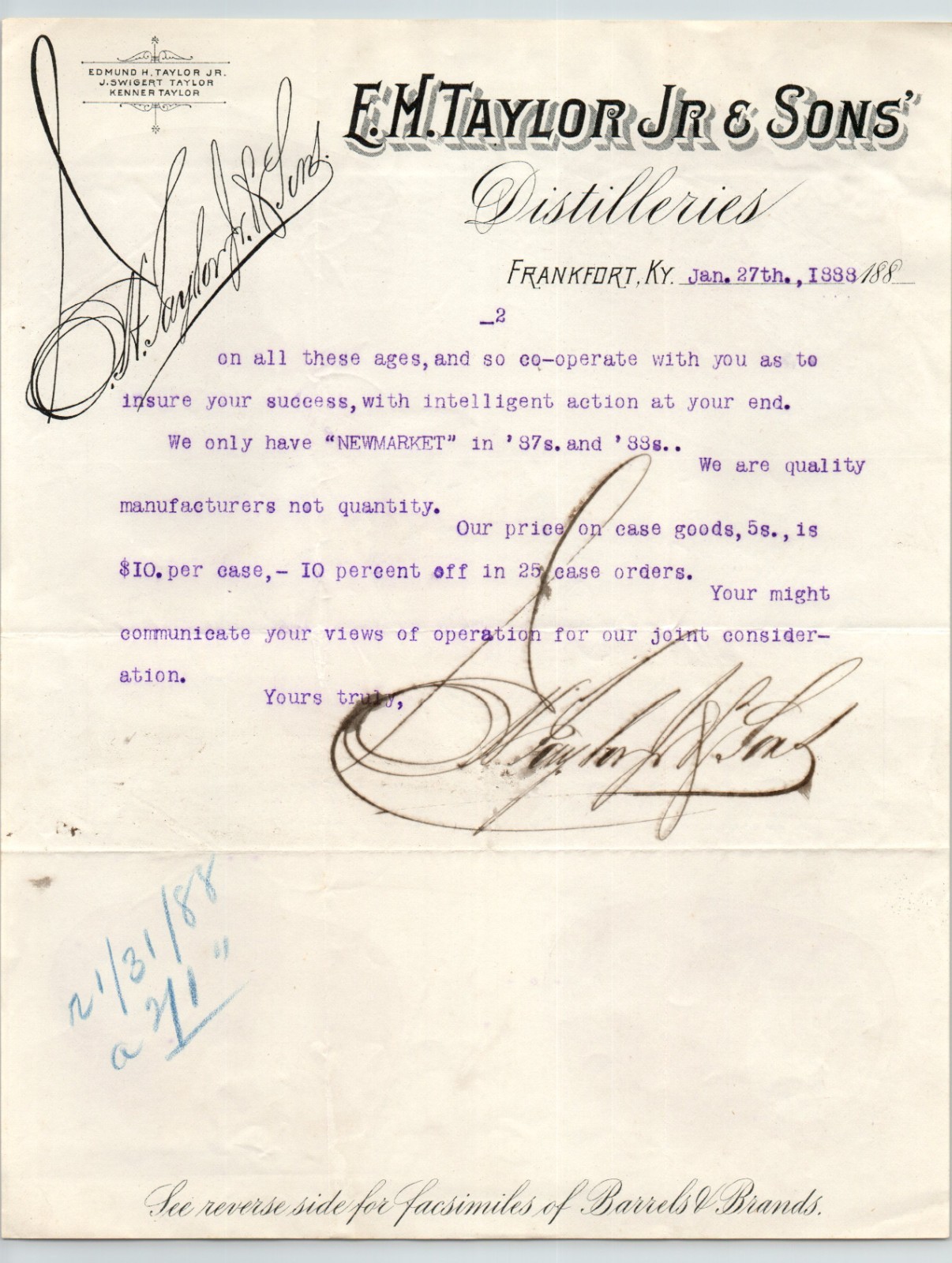 1888 Edmund Haynes E.H. Taylor Jr. Autograph on Distillery Letterhead Historic