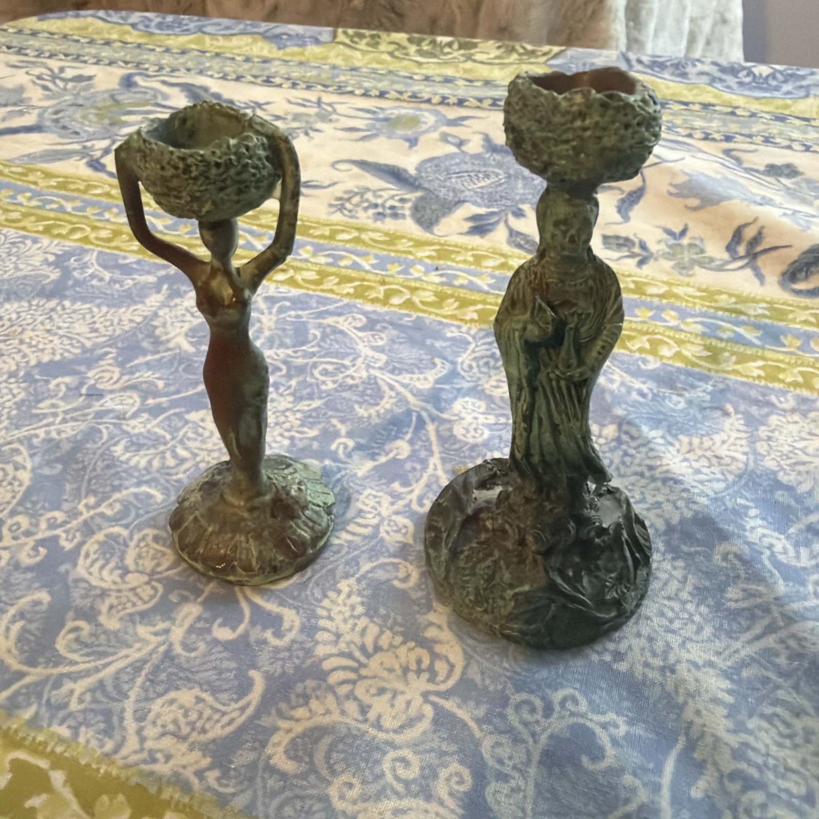 Vintage Pair of Cast Bronze Asian Guanyin Figurines and Godess Candle 4 inch 