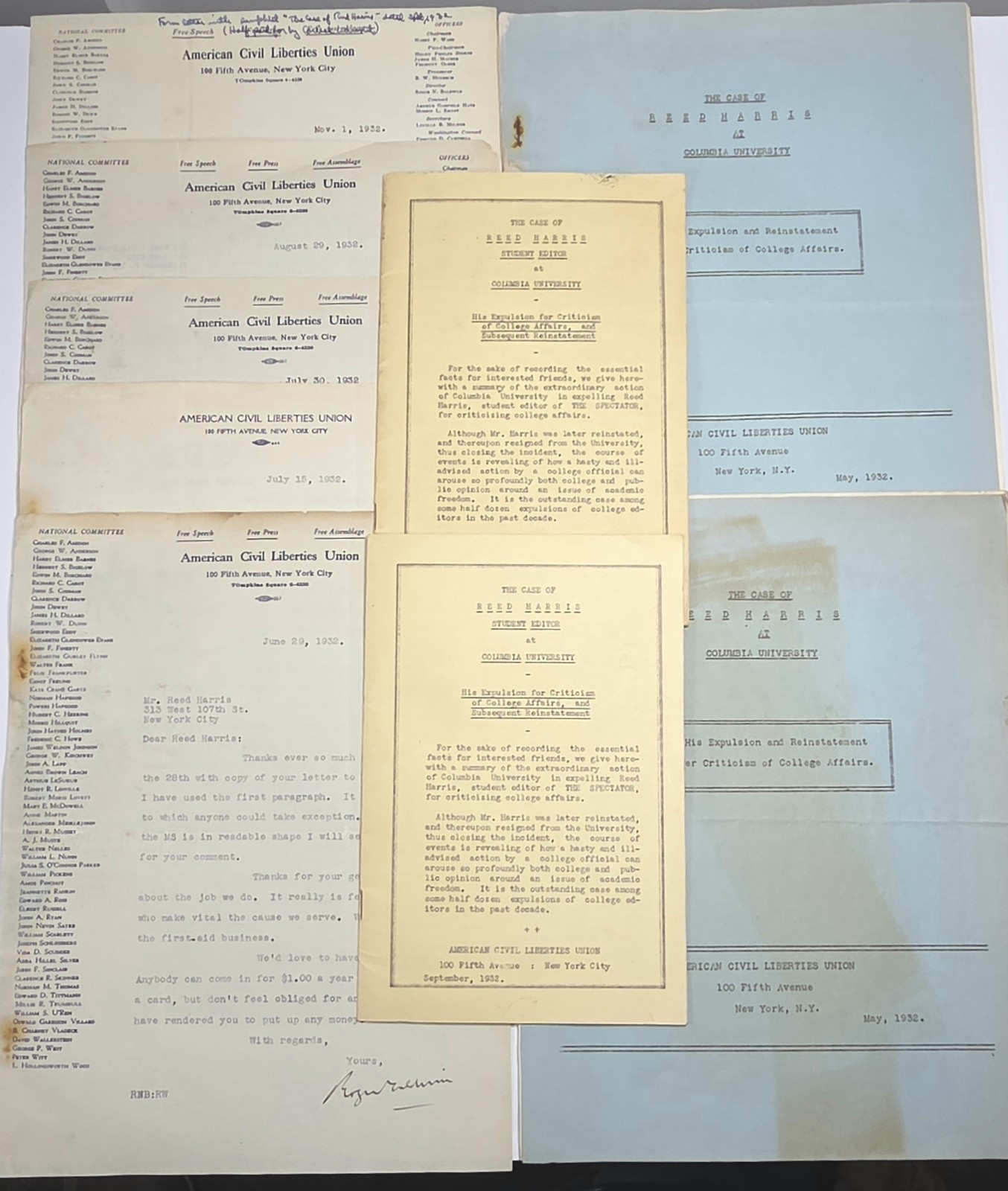 1932 ACLU Columbia Academic Freedom Case 2 Editions R. Harris W/Correspondence 