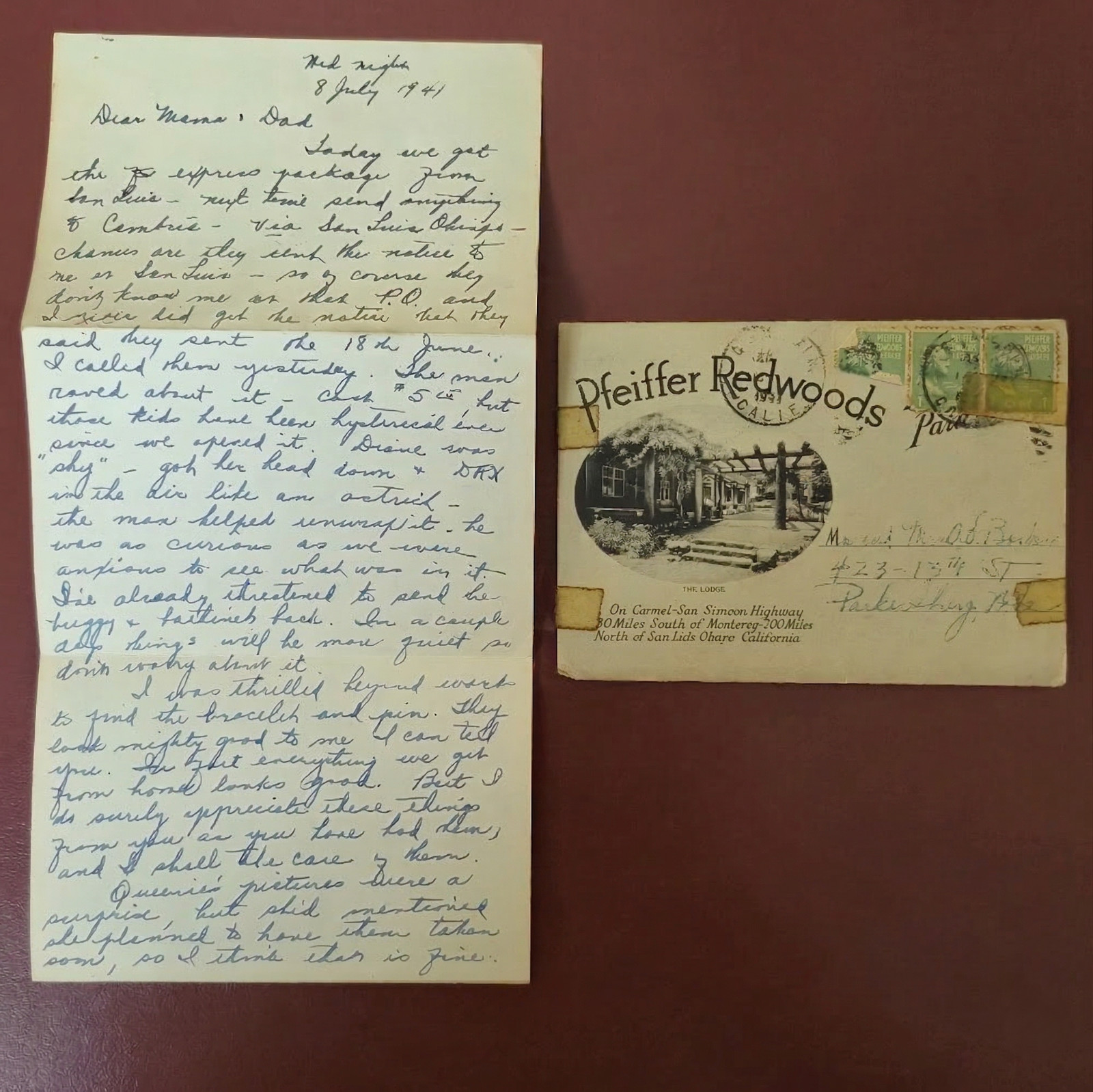 1941 Pfeiffer Redwoods Big Sur 4-Page Manuscript Letter Home WW2 Homefront WV