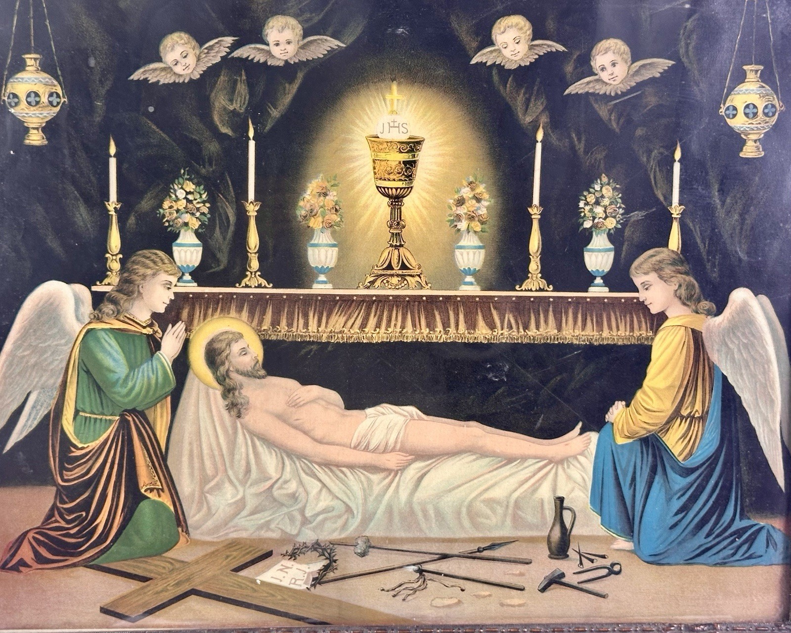 80+ Years ,Offset Lithograph of the Anointing of Christ, Crucifixion, Santos,
