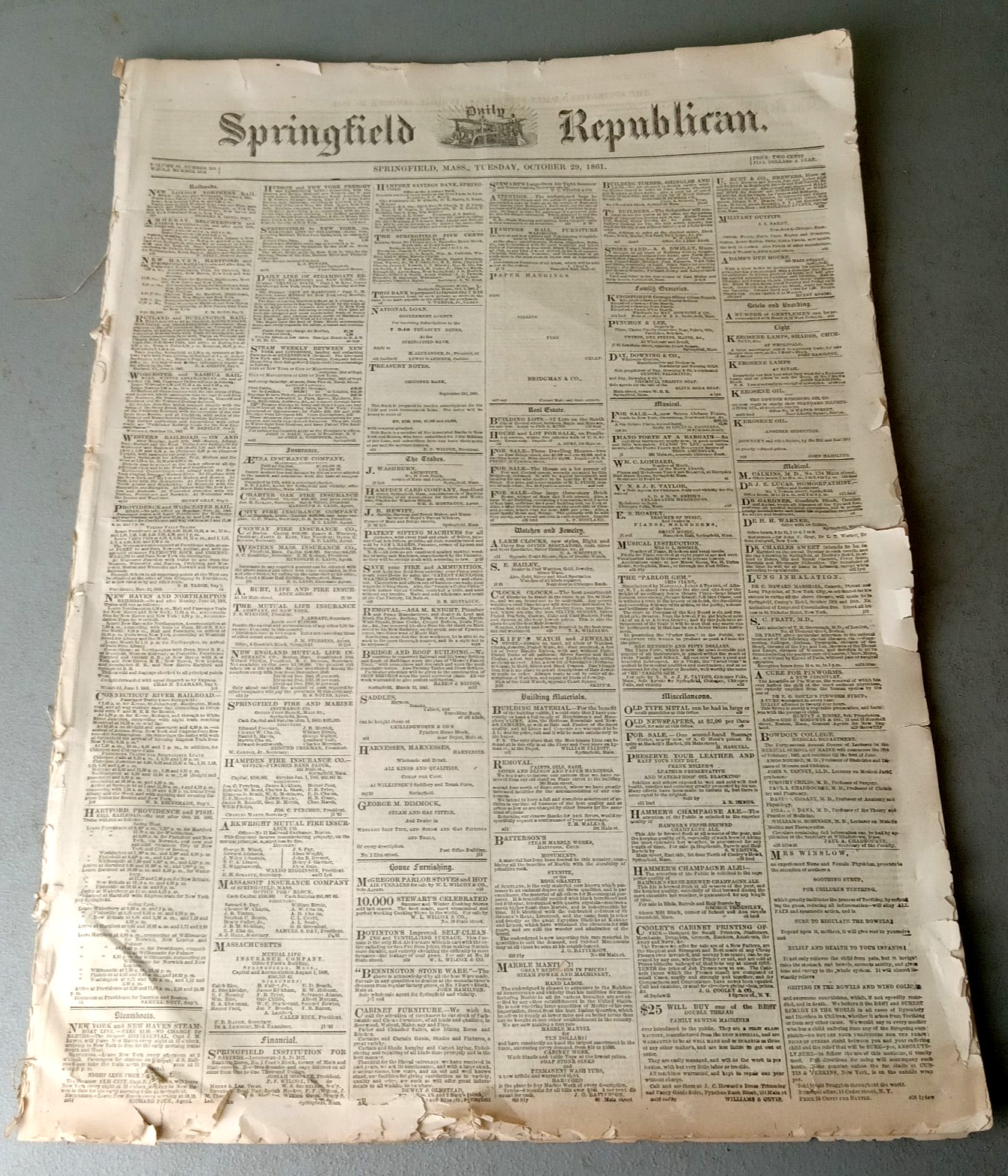 RARE 1861 Civil War Newspaper Lot SPRINGFIELD REPUBLICAN Stitched 8 Day Run