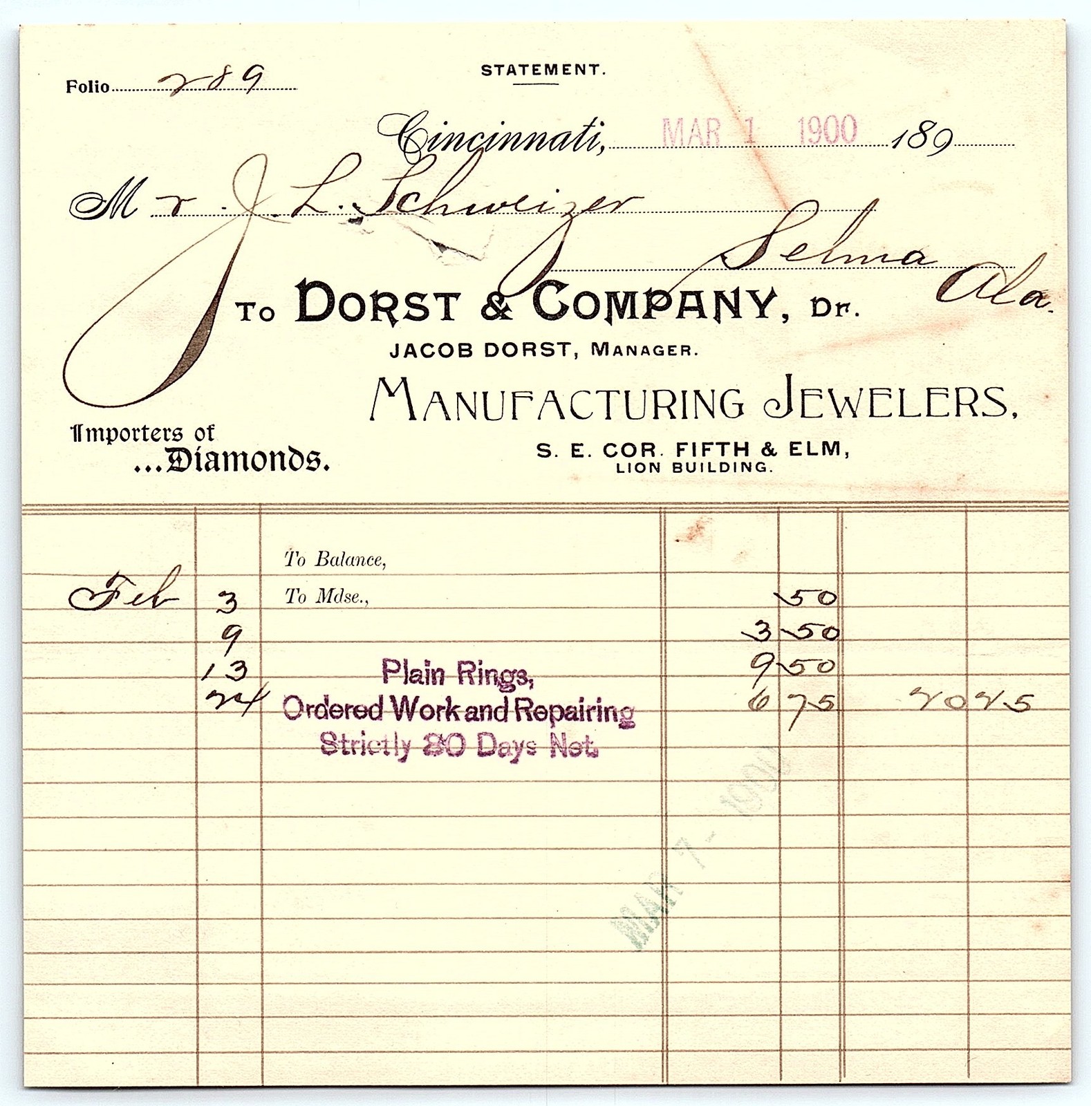 1900 Dorst & Co. Cincinnati Jewelers billhead - Plain Rings