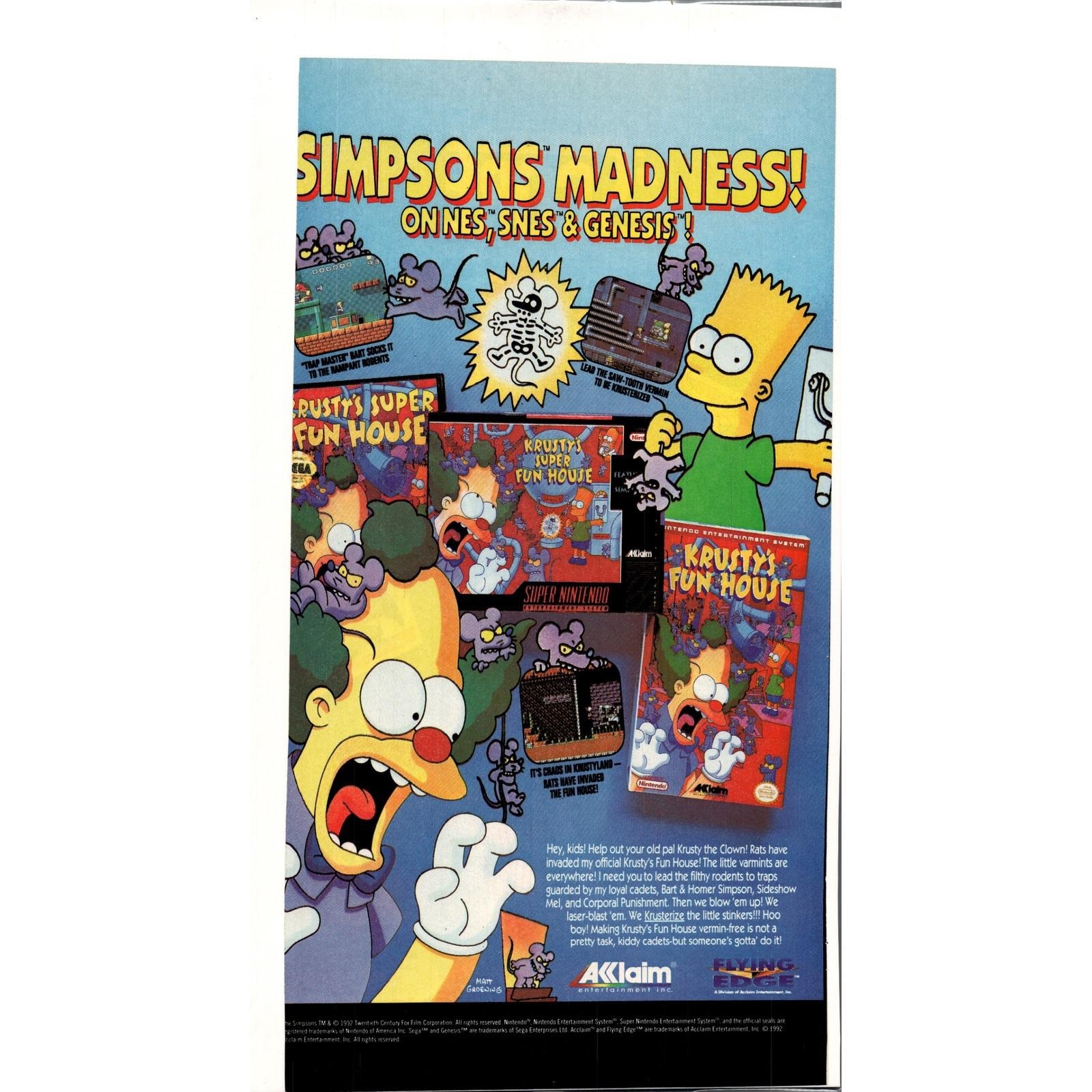 Vintage Printed Advert 1992 Simpsons Madness Krusty's Fun House NES SNES Genesis