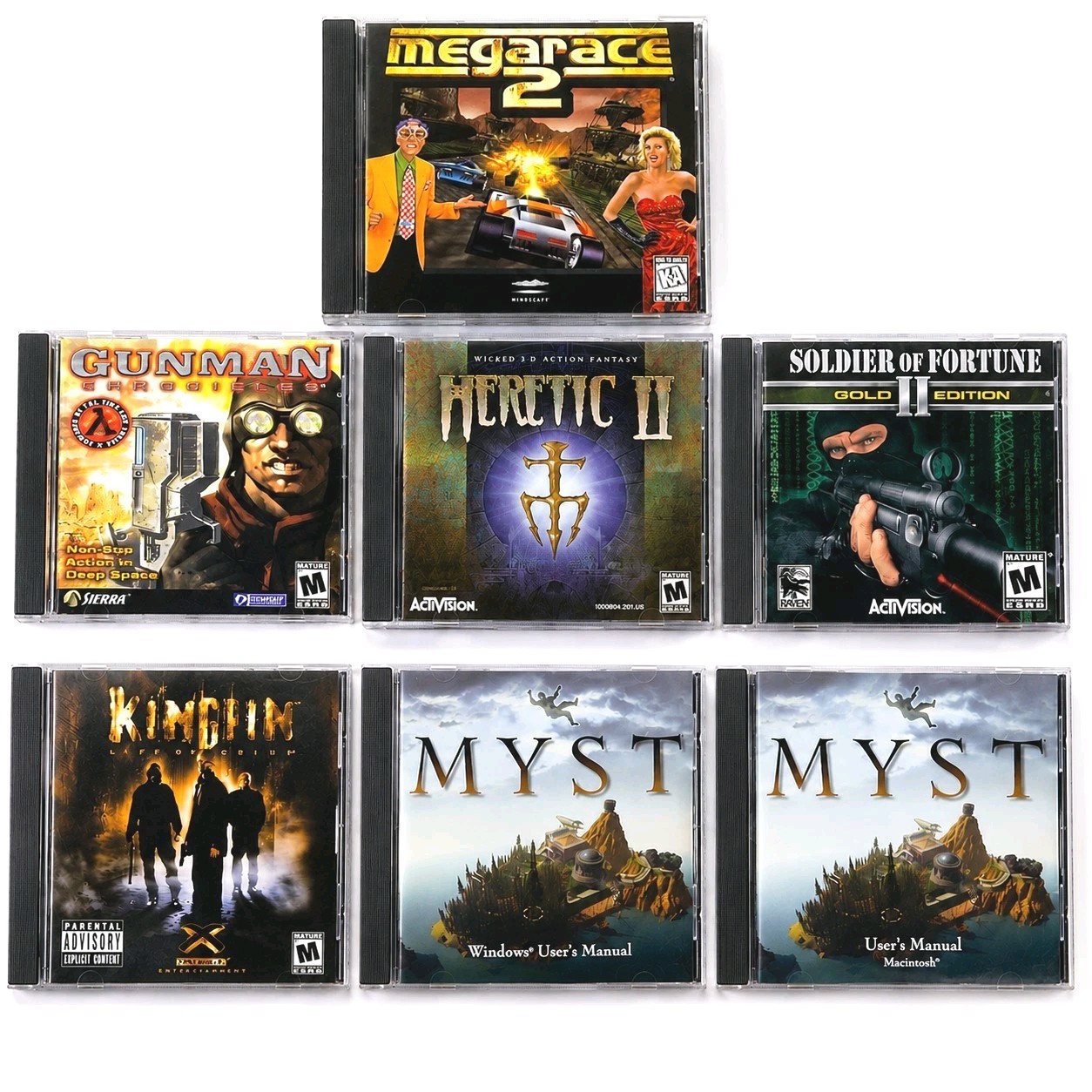 Vintage PC Games Collection 9 CD-ROMs MegaRace 2 Heretic II Gunman Myst ...