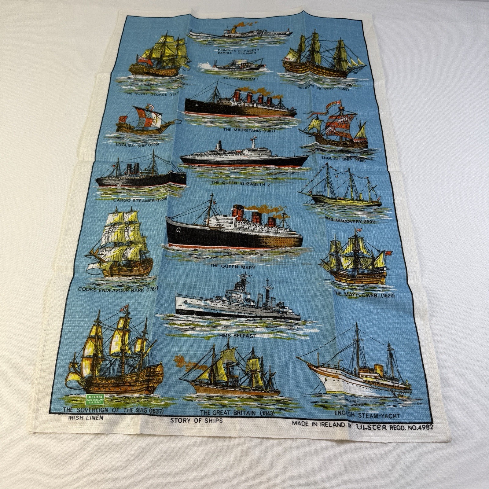 Irish Linen Tea Towel Story of Ships New Ulscer Vintage Blue Cottage Core Gran