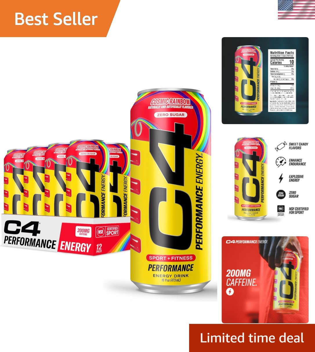 Zero Sugar Cosmic Rainbow Energy Drink, 12 Pack with Beta Alanine for Endurance