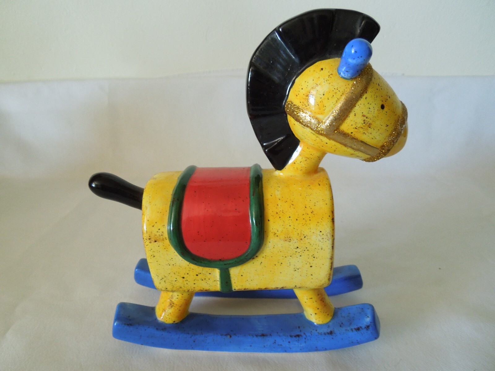 Large Ceramic Rocking Horse Figurine Hand Painted w/ Glitter Bridle 7 1/2\
