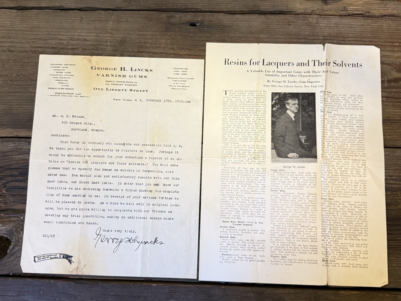 1926 George H. Lincks Signed Letter & Varnish Gums Brochure NYC Portland OR