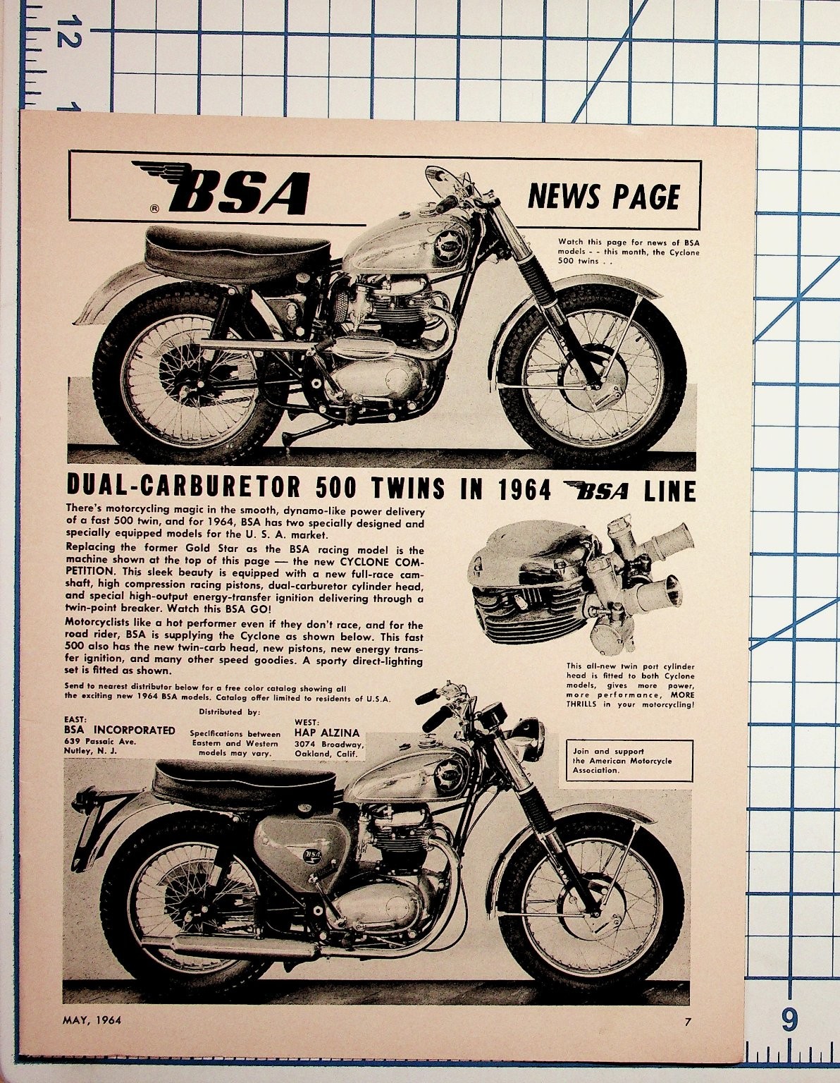 1964 BSA Cyclone 500 Competition Motorcycle Vintage Print Ad News Page