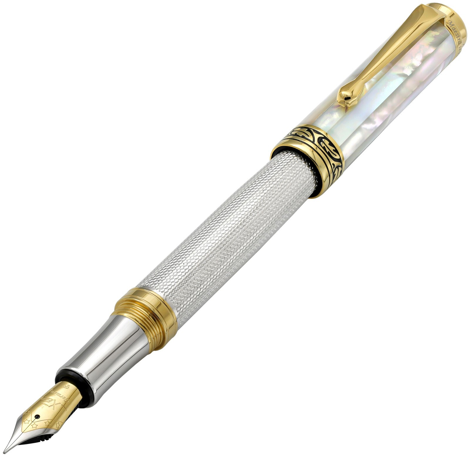Xezo Maestro 925 Sterling Silver/White MOP Fine Fountain Pen, 18K Gold Plated