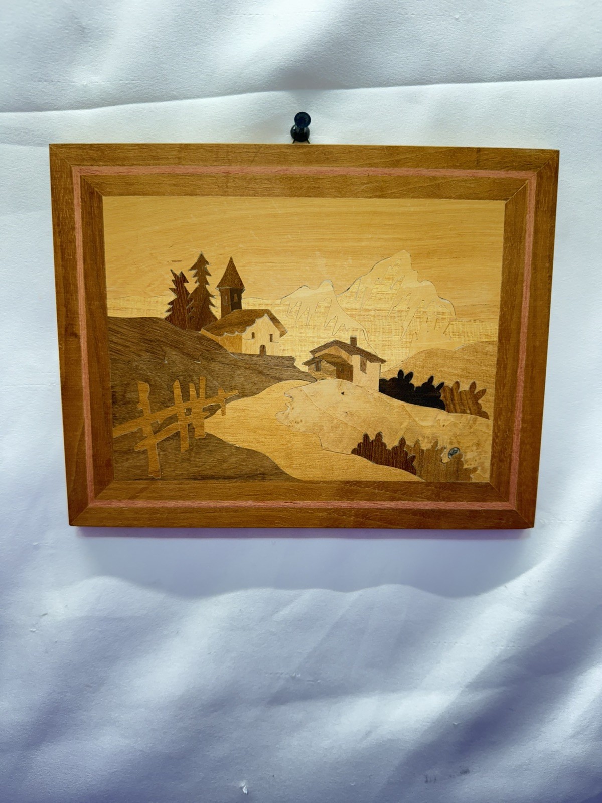 Vintage Sorrento Italian Marquetry Inlaid Wood Art Plaque Country Church Village