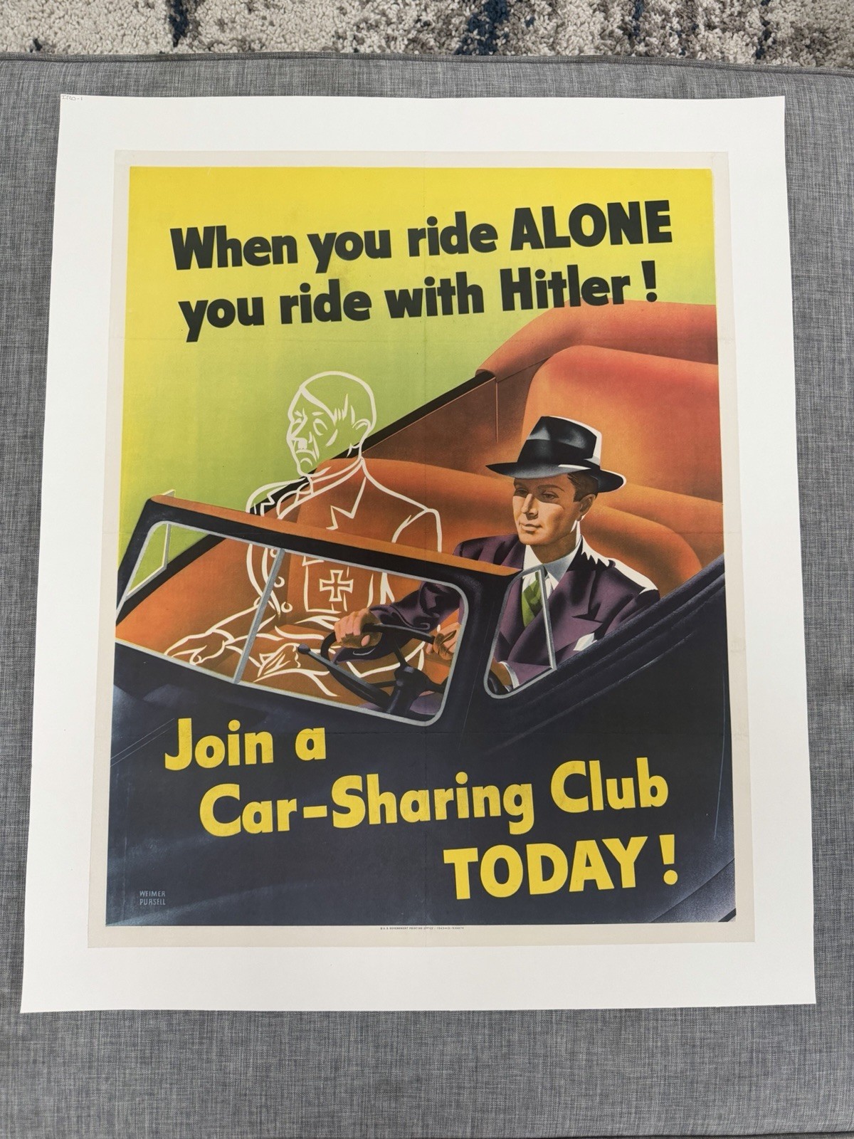Original WWll Car Sharing Propaganda Poster Linen Backed 22x28 Inches 1940s