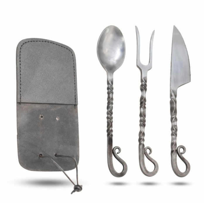 Medieval Warrior 3PC Medieval HandForged Travel Cutlery Set-Twisted Steel Handle