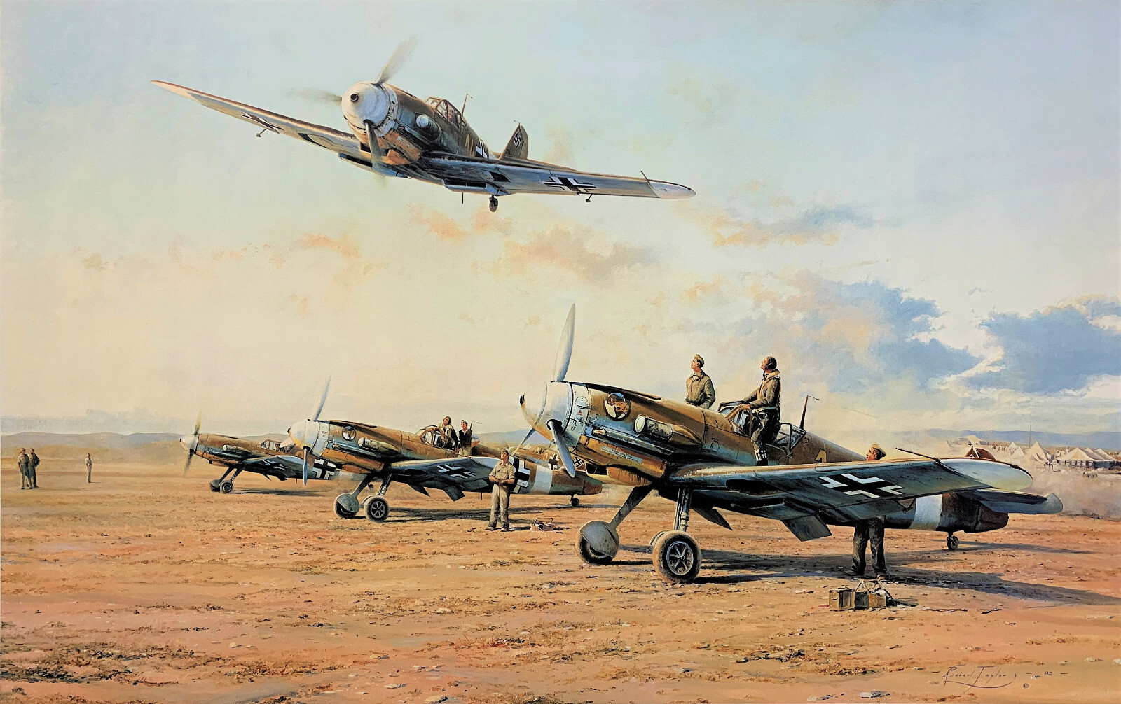 Hunters in the Desert by Robert Taylor art print signed by Desert Luftwaffe Aces