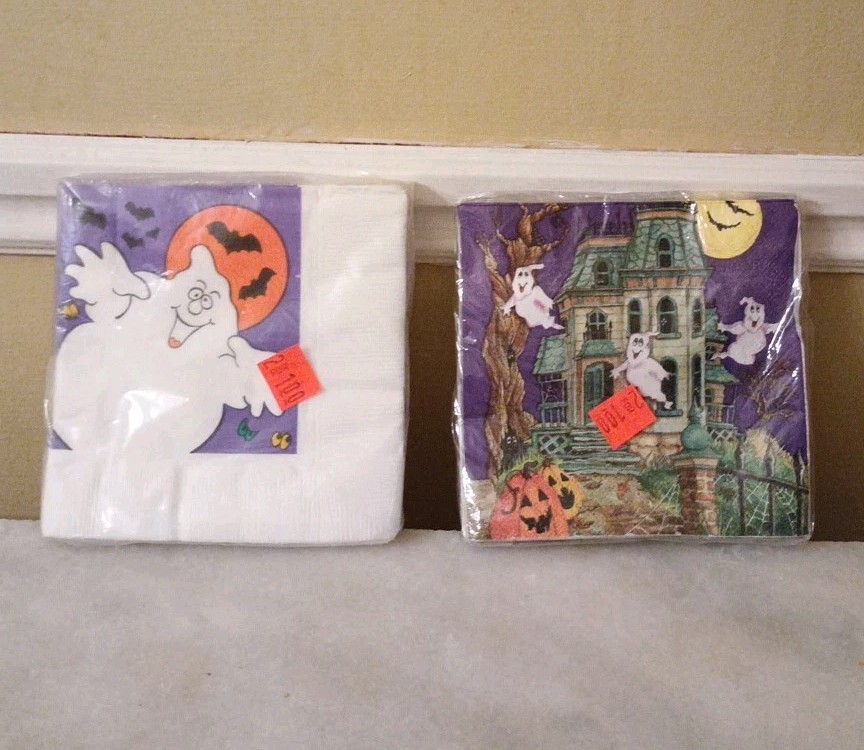 NEW Lot of 2 Halloween paper napkins Hallmark & Hoffmaster ghost bats Sealed USA
