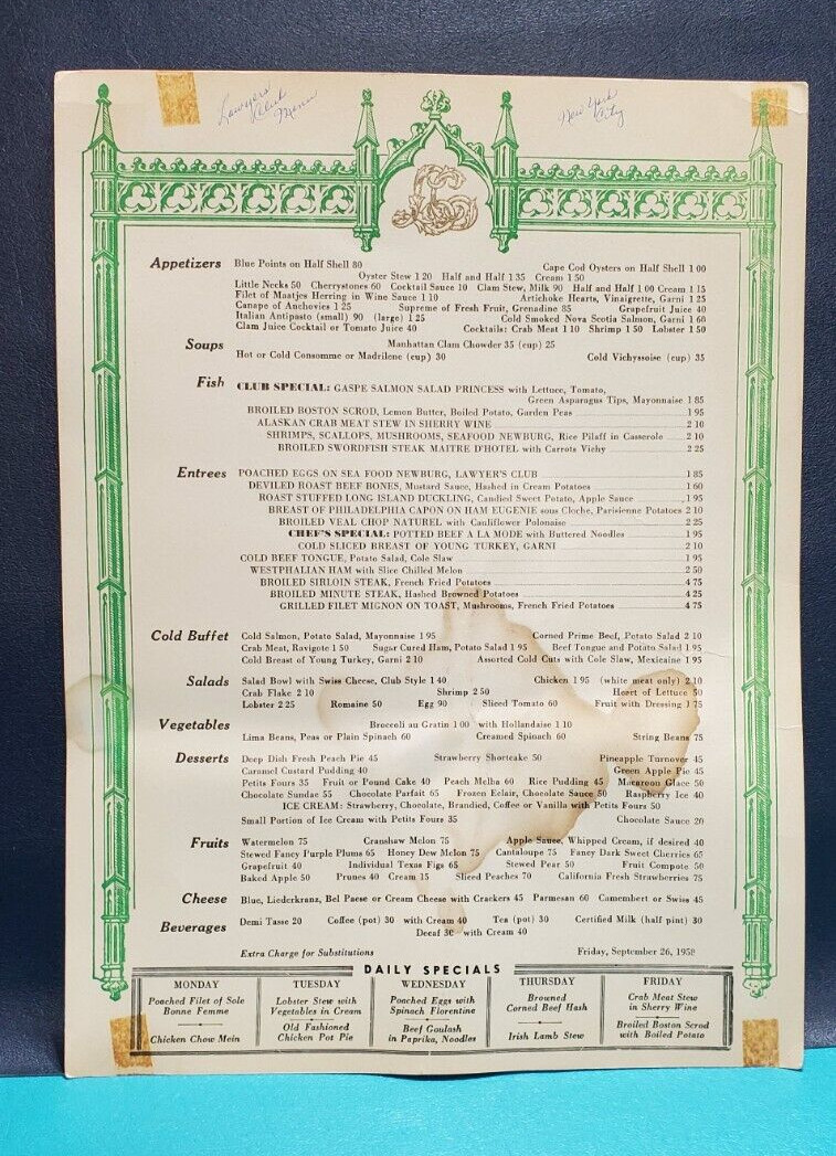 RARE The Lawyers’ Club 115 Broadway New York City Menu 1958 Restaurant Menu 