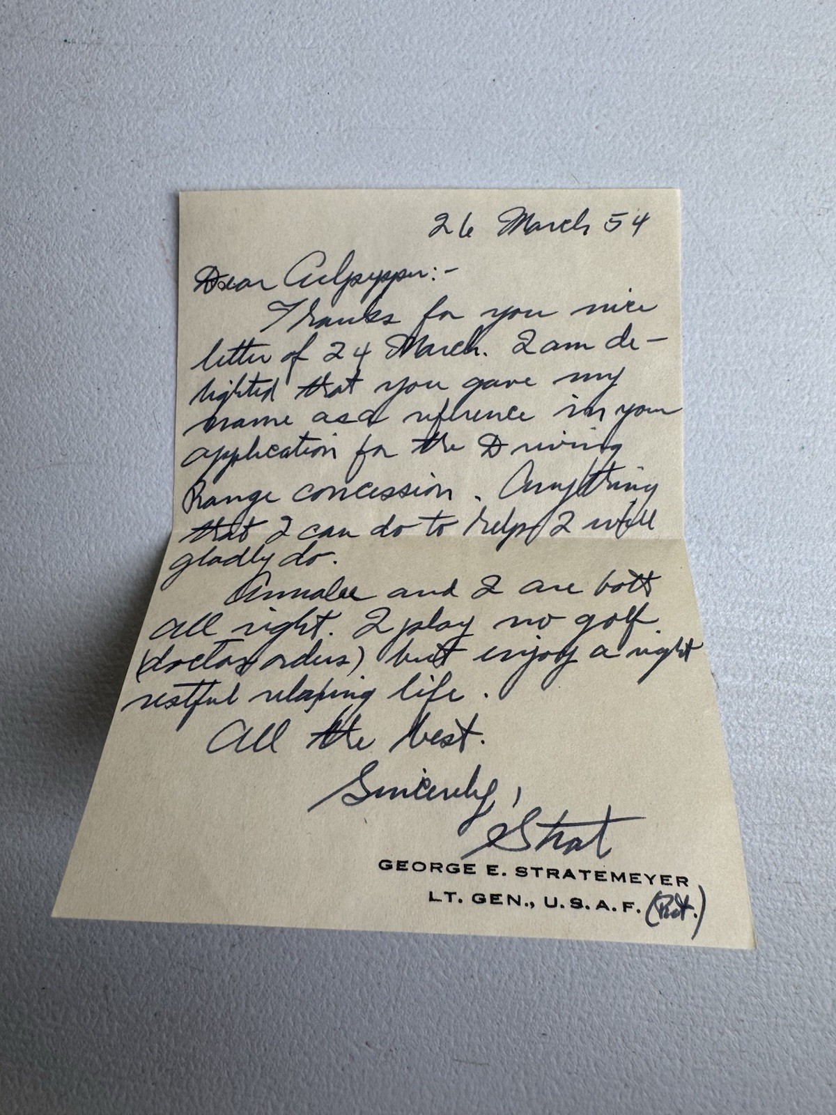 VTG General George E. Stratemeyer Signed Letter, 1954 - American Air Force, WW2