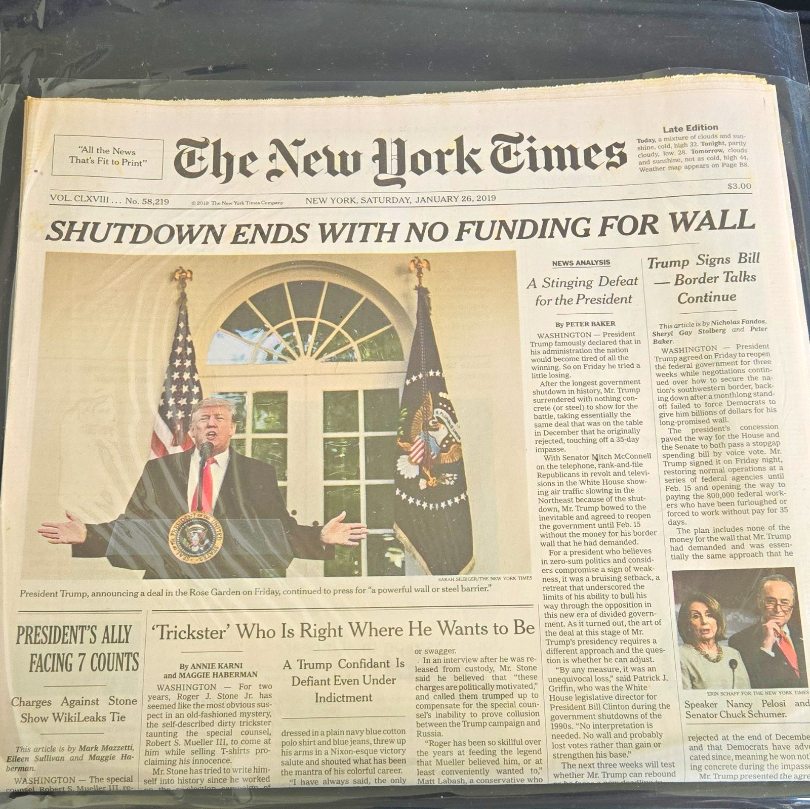 The New York Times Late Edition Saturday January 26, 2019 - Shutdown Ends