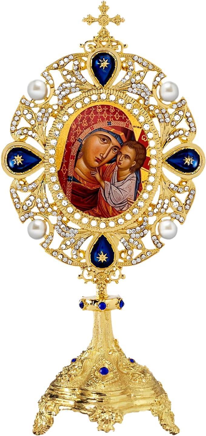Virgin the Healer with Christ Icon in Footed Frame for Altar or Shrine 7 In
