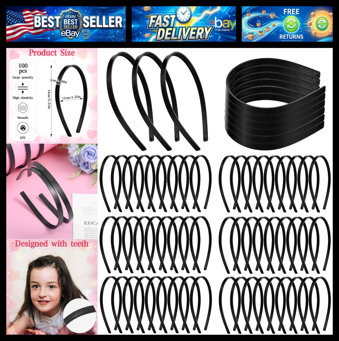 100 Pcs Black Hair Band for DIY, Plastic Headbands with Teeth, Plain Headbands f