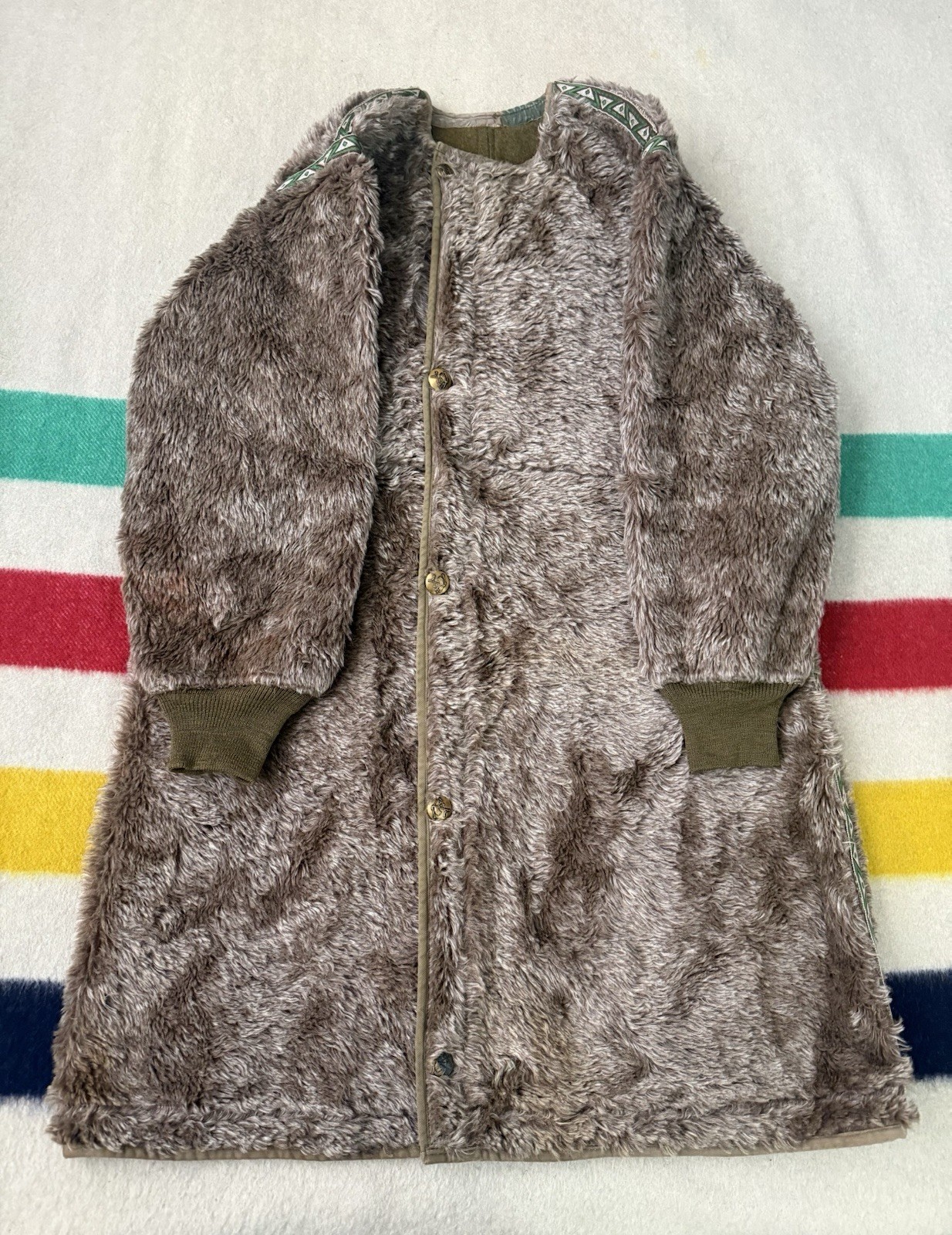 Vintage 40s WW2 Alpaca Pile Liner Cardigan Trench Coat Native American Trim