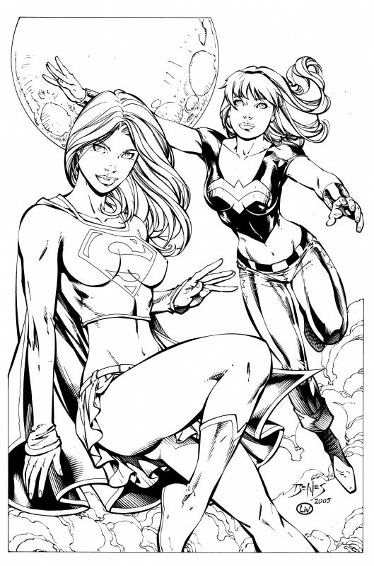 ED BENES SUPERGIRL & WONDER GIRL 11X17 Commission Original Comic Art 2005