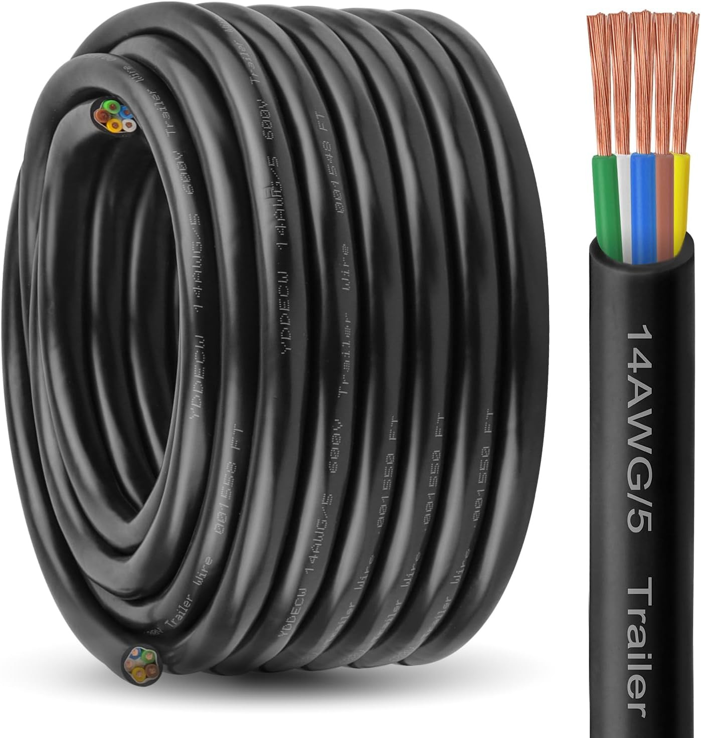 5 Way Trailer Wire - 14 Gauge 5 Conductor 50FT Pure Copper Heavy Duty Cable Exte