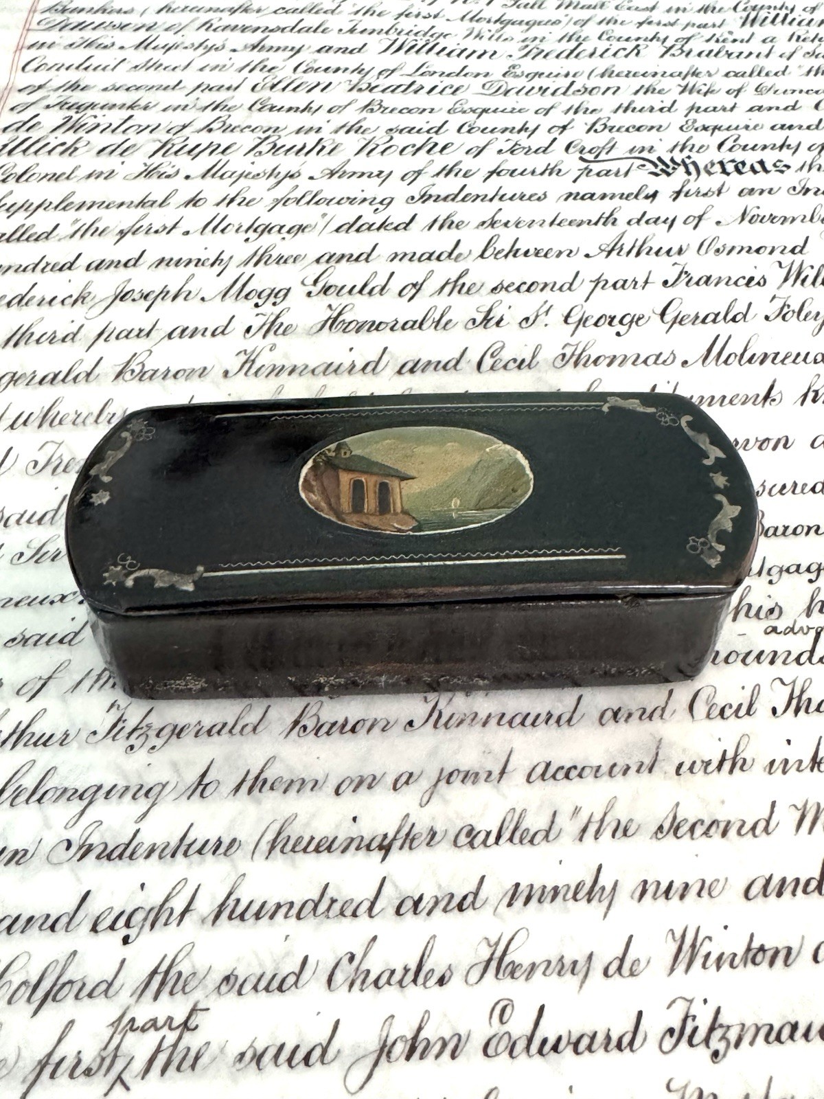 Antique Black Lacquered Paper Mache Snuff Box Hand-Painted Design 