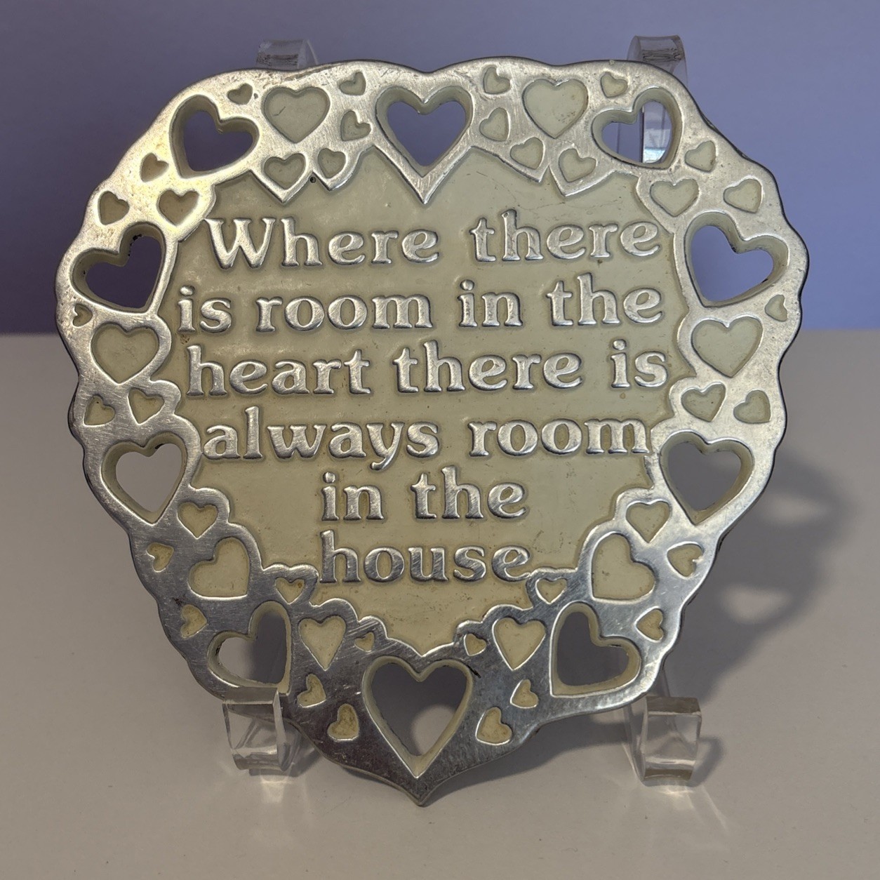 Wilton 1985 Perforated Heart Trivet Heart and Home Saying Made in USA Pewter ?