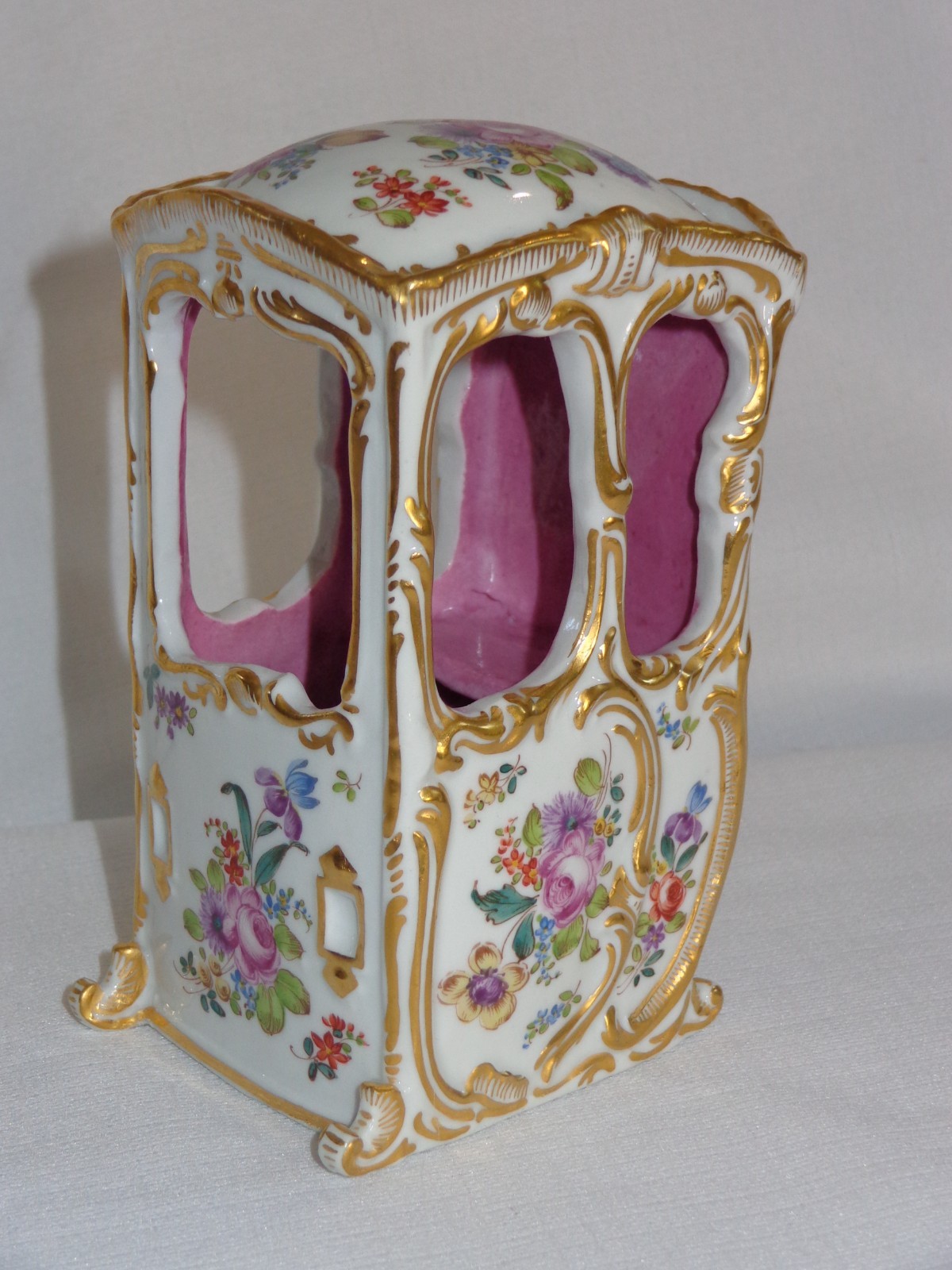 Antique Dresden Flowers Porcelain Hand Painted Sedan Chair w/ Heavy Gold 5 1/4\