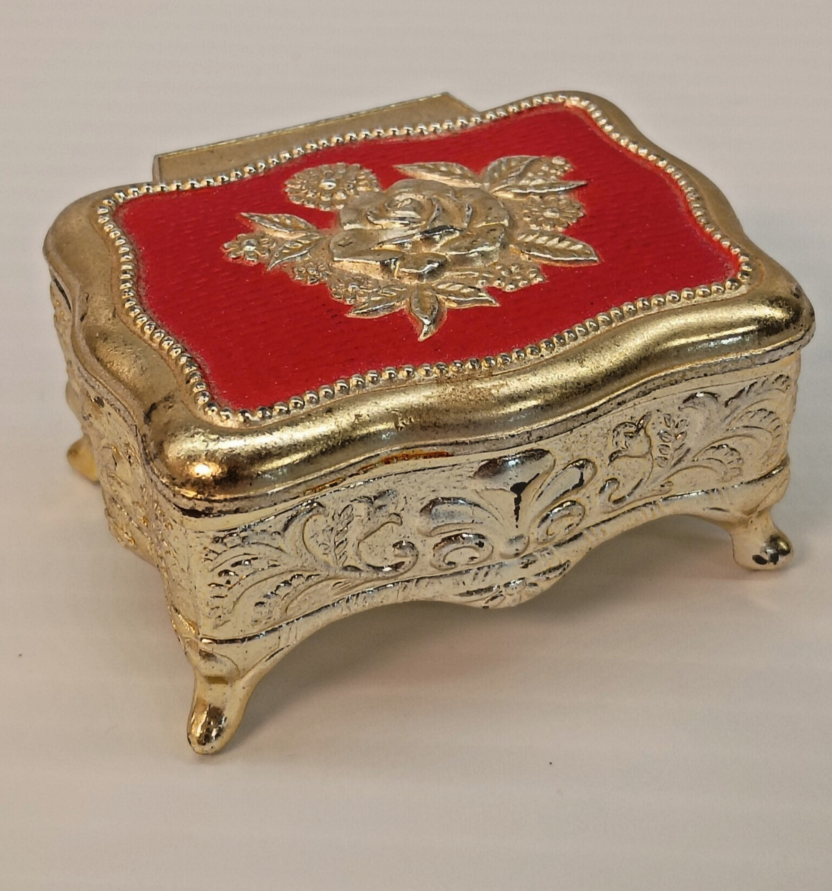 Vintage Made In Japan Victorian Revival Small Trinket Box Gold Tone Red Interior