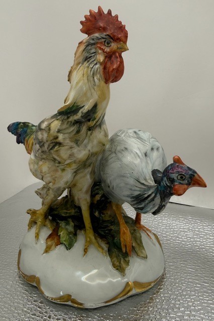 Vintage Italian Giuseppe Rossini Rooster & Guinea Fowl Figurine-Signed