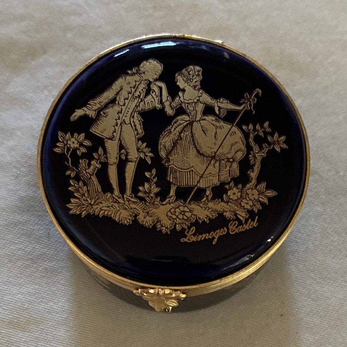 Vintage Limoges Castel Hinged Porcelain Trinket Box Blue Gold w/ Certificate