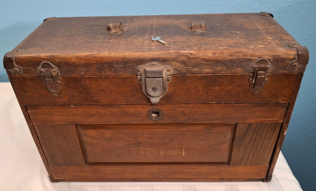 Vintage Gerstner & Son 7 Drawers Oak Wood Machinist Tool Chest Box W/ Orig Key