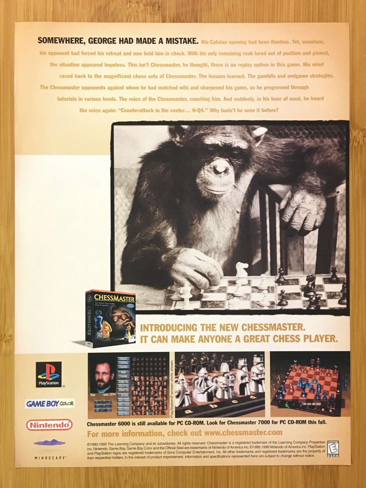 Chessmaster PS1 PC Game Boy 1999 Vintage Print Ad/Poster Chimp/Ape Playing Chess