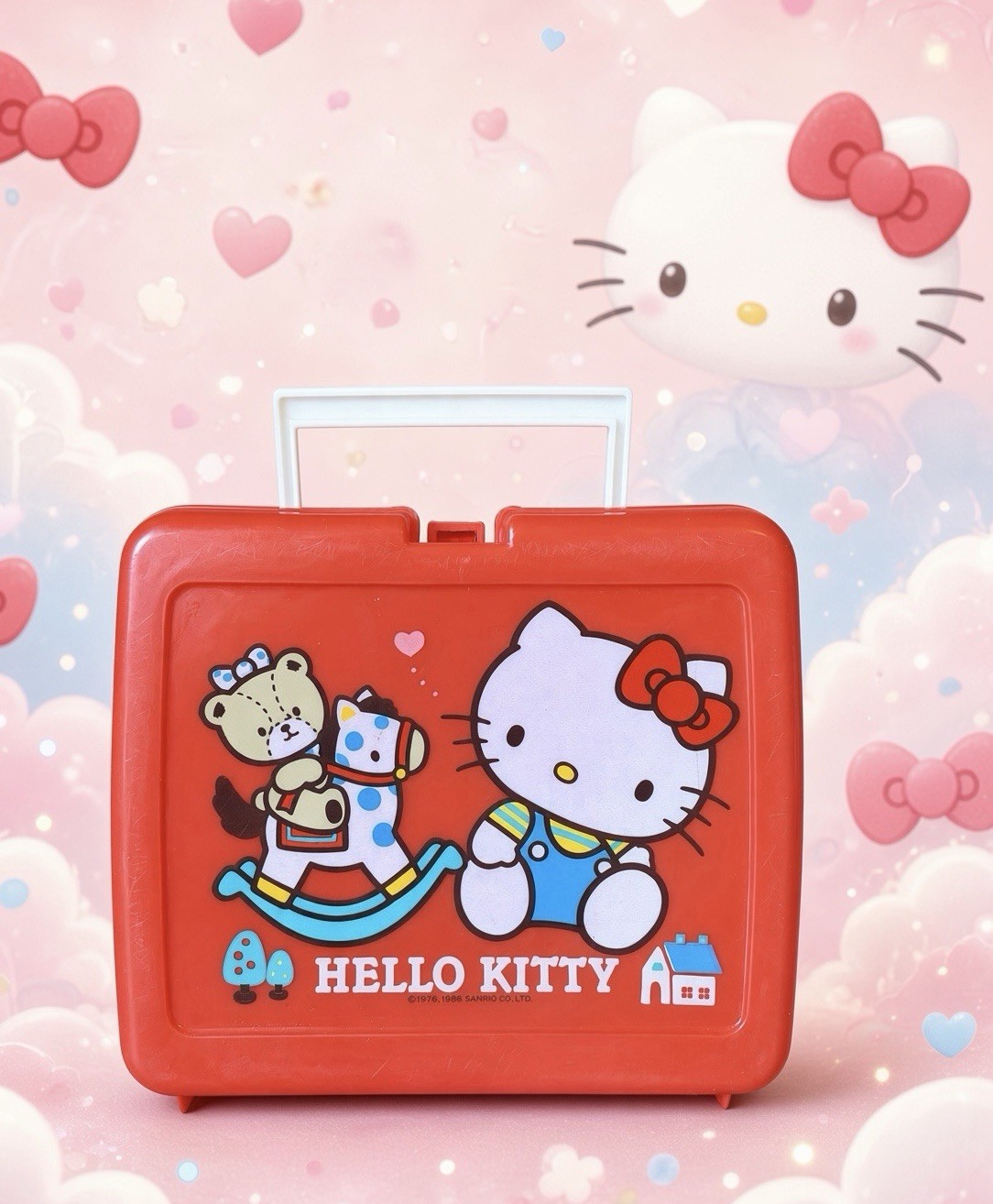 Vintage Sanrio HELLO KITTY With TINY CHUM Lunch Box SUPER RARE Red Plastic 1986