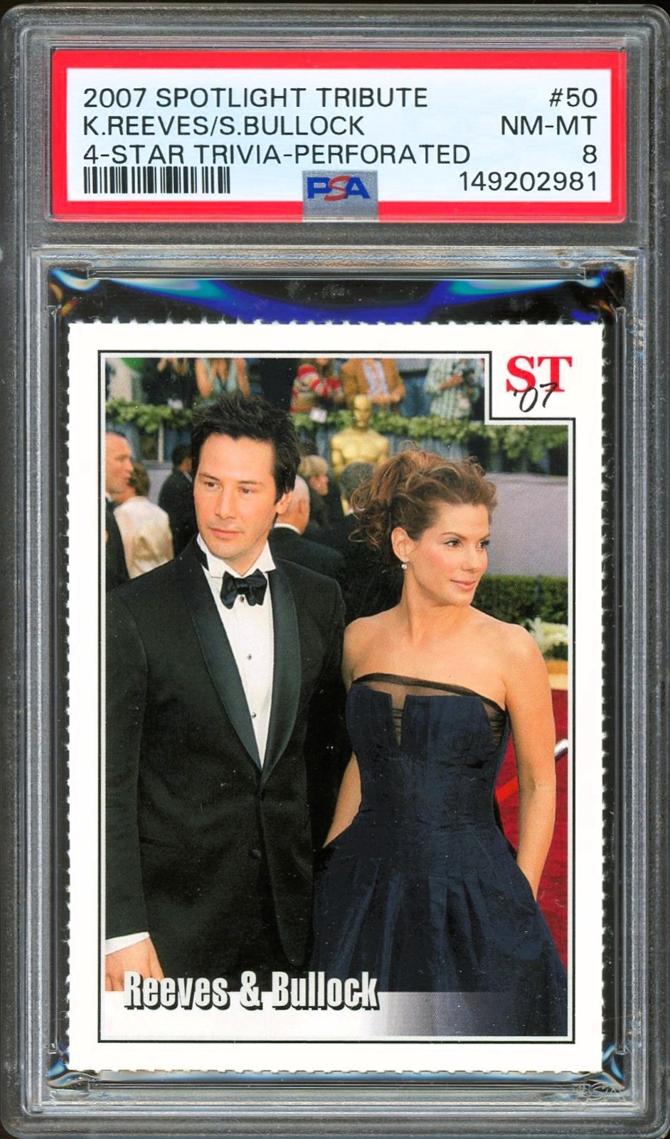 2007 Spotlight Tribute Perforated #50 ROOKIE Keanu Reeves Sandra Bullock PSA 8