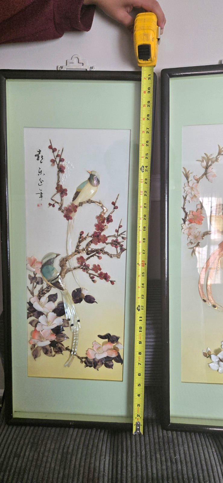Pair of Framed Chinese Bird & Flower Wall Art Prints with Calligraphy