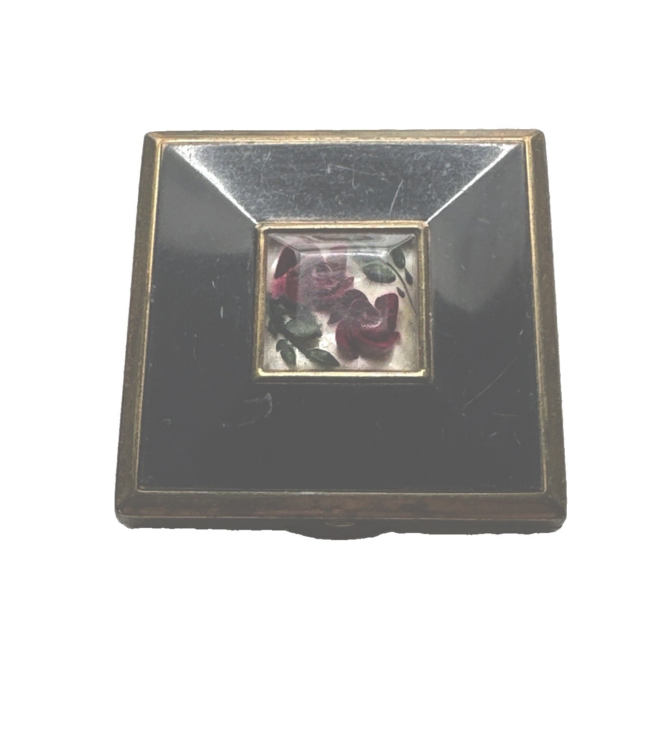 Vintage 1950s Melissa Powder Compact Black Enamel Reverse Carved Lucite Rose