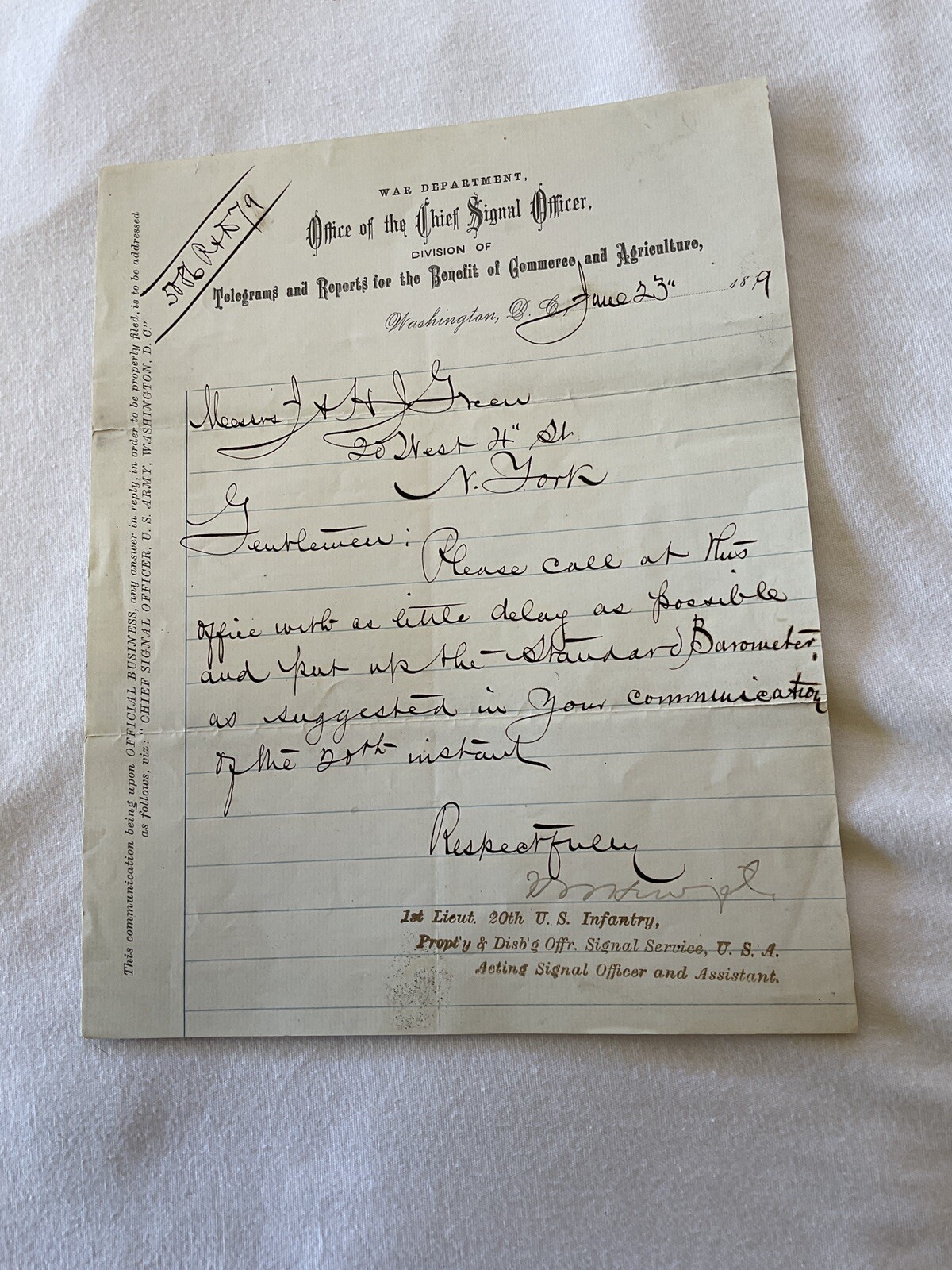 516.US Office Of Signal Corp Barometer Request letter 1879 War Dept Arctic Exp.