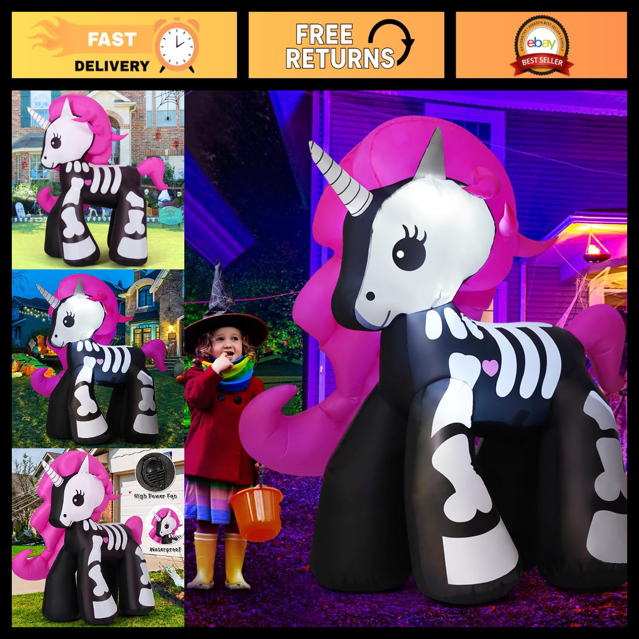 5.2 FT Halloween Inflatable Unicorn - LED Outdoor Yard Decoration, Blow Up Skele