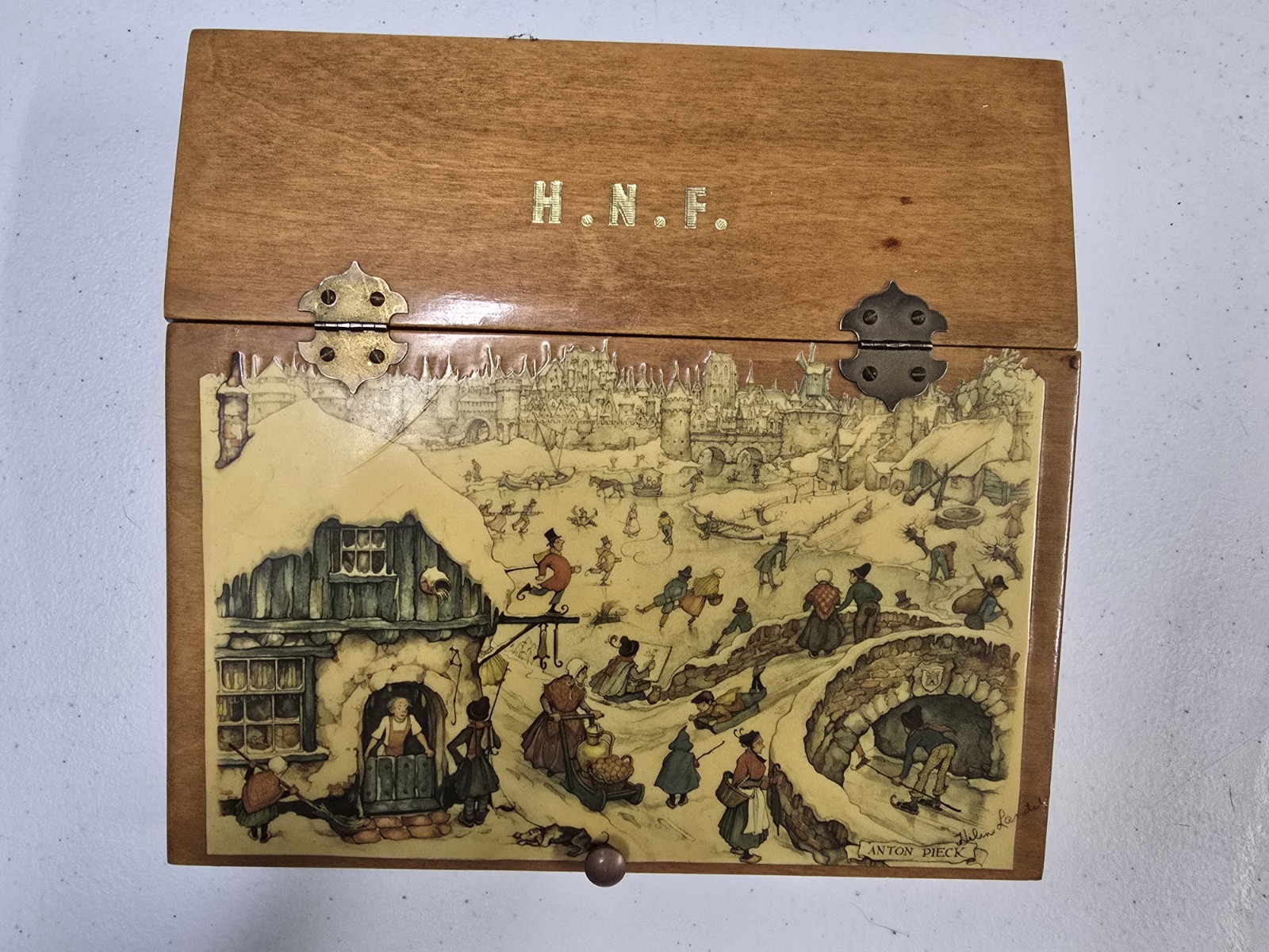 Vintage Anton Pieck Wooden Trinket Storage Box WINTER FUN ON THE ICE